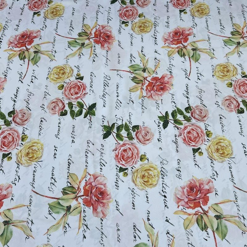 Tecido Tafetá Toque de Seda Floral Manuscrito Vintage • Conexão