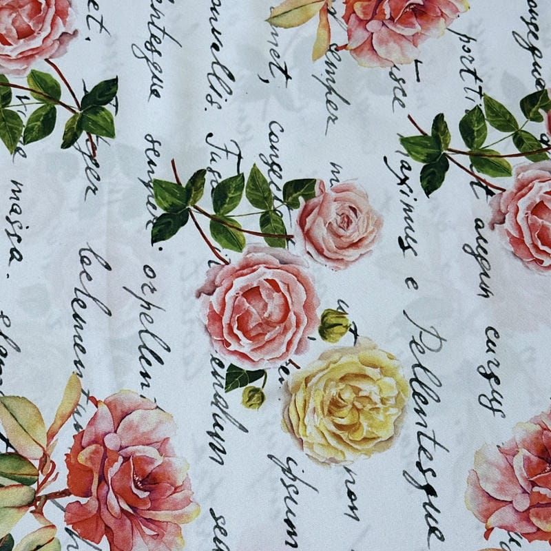 Tecido Tafetá Toque de Seda Floral Manuscrito Vintage • Conexão