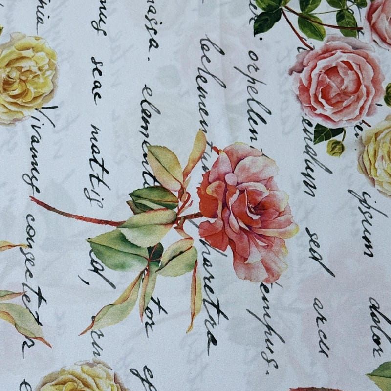 Tecido Tafetá Toque de Seda Floral Manuscrito Vintage • Conexão