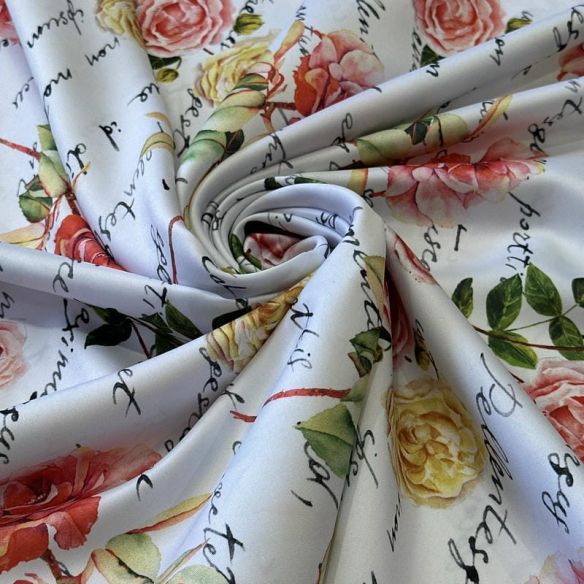 Tecido Tafetá Toque de Seda Floral Manuscrito Vintage • Conexão