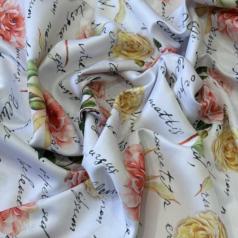 Tecido Tafetá Toque de Seda Floral Manuscrito Vintage • Conexão