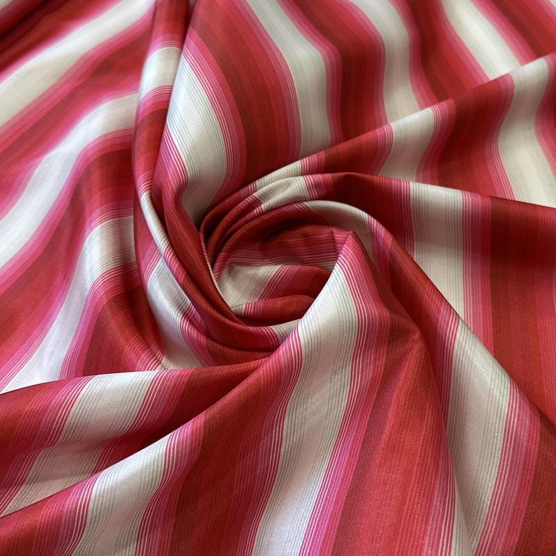 Tecido Tafetá Toque de Seda Listrado Vermelho e Pink • Conexão Tecidos