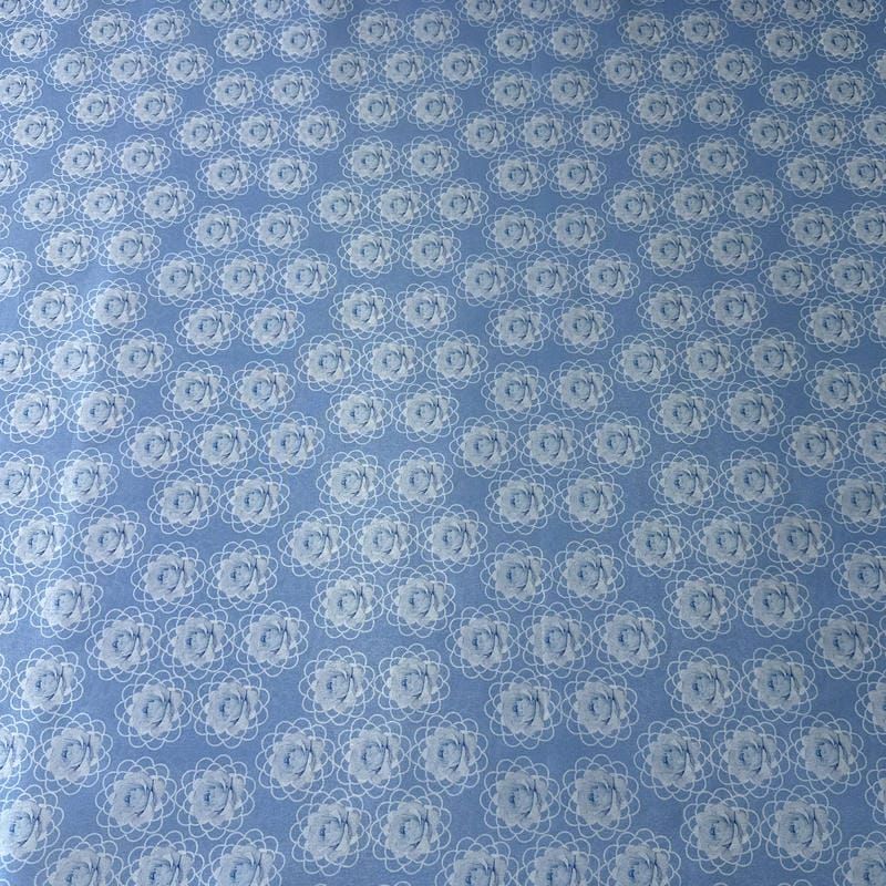 Tecido Tafetá Toque de Seda Floral Rosetas Azul Claro • Conexão