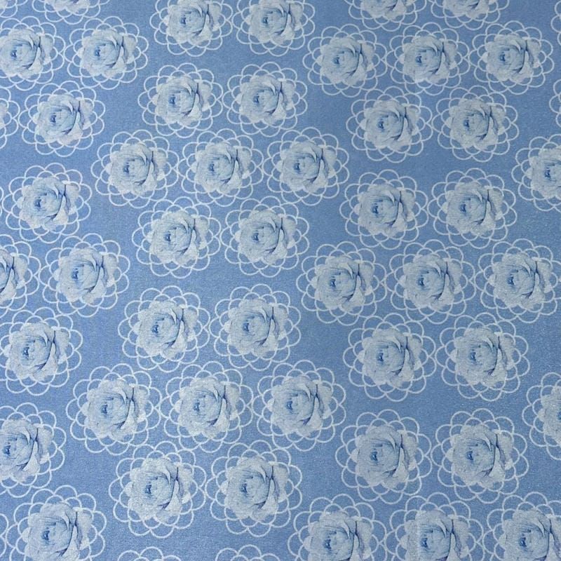 Tecido Tafetá Toque de Seda Floral Rosetas Azul Claro • Conexão