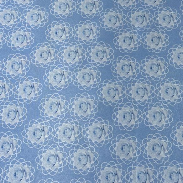 Tecido Tafetá Toque de Seda Floral Rosetas Azul Claro • Conexão