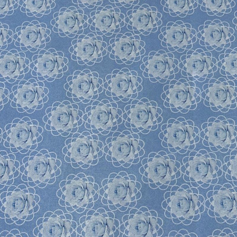 Tecido Tafetá Toque de Seda Floral Rosetas Azul Claro • Conexão