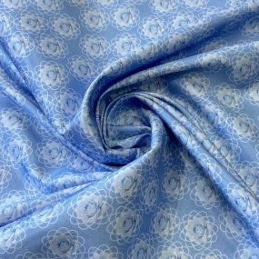 Tecido Tafetá Toque de Seda Floral Rosetas Azul Claro • Conexão