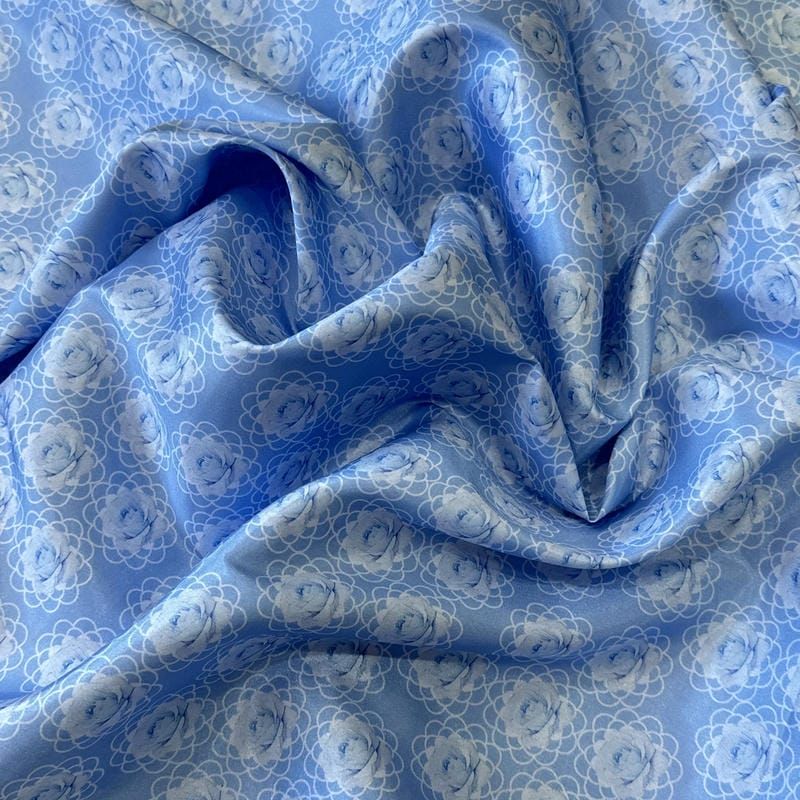 Tecido Tafetá Toque de Seda Floral Rosetas Azul Claro • Conexão