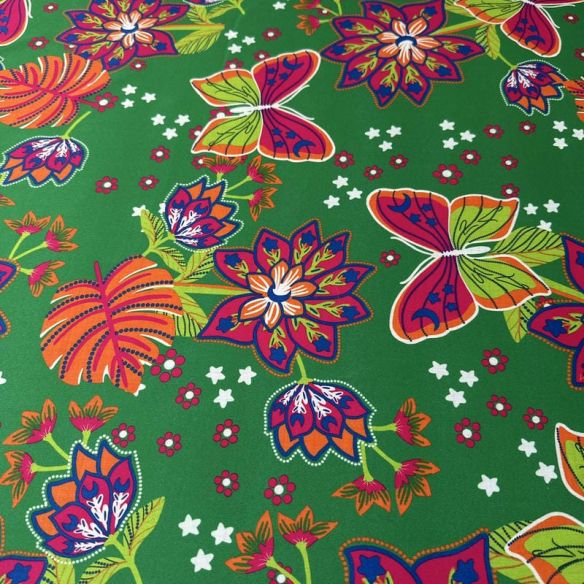 Tecido Sarja Acetinada Estampada Borboletas Tropical Verde • Conexão