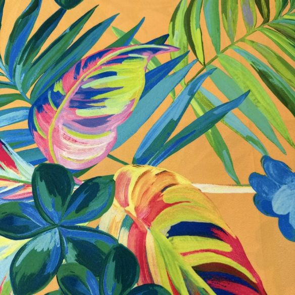 Tecido Sarja Acetinada Estampada Tropical Laranja • Conexão Tecidos