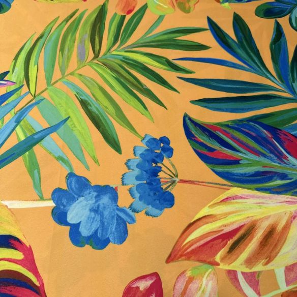 Tecido Sarja Acetinada Estampada Tropical Laranja • Conexão Tecidos
