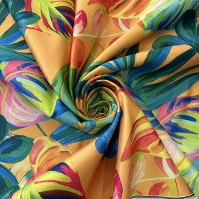 Tecido Sarja Acetinada Estampada Tropical Laranja • Conexão Tecidos