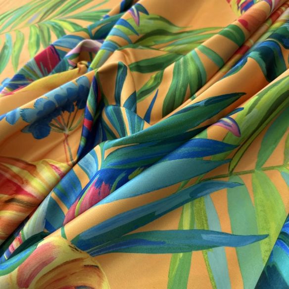 Tecido Sarja Acetinada Estampada Tropical Laranja • Conexão Tecidos