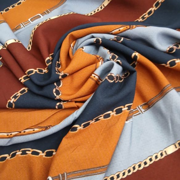 Tecido Viscose Estampada Listrado Correntes Caramelo • Conexão Tecidos