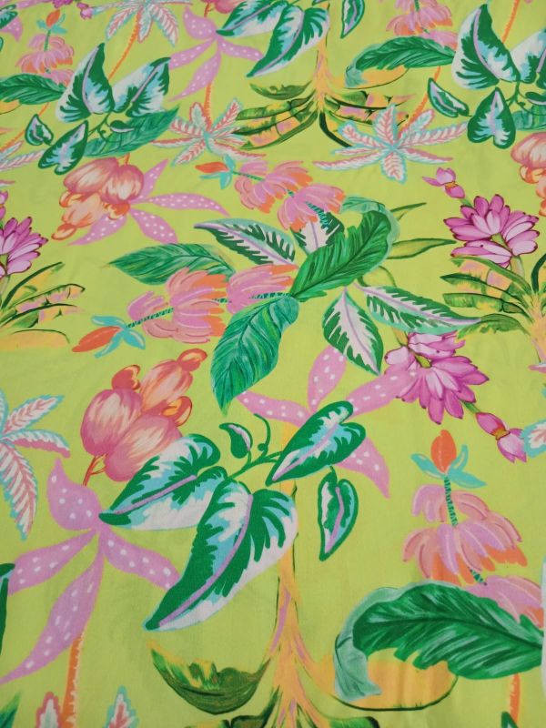 Tecido Viscose Estampada Tropical Verde Limão • Conexão Tecidos