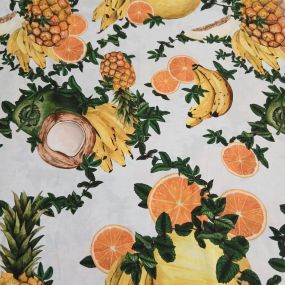 Tecido Viscose Estampada Frutas Tropicais Branco • Conexão Tecidos 2
