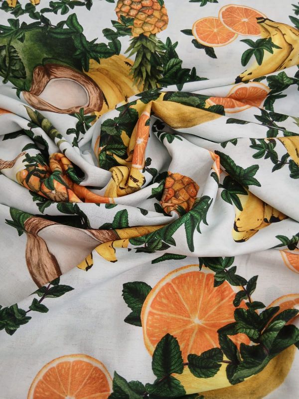 Tecido Viscose Estampada Frutas Tropicais Branco • Conexão Tecidos