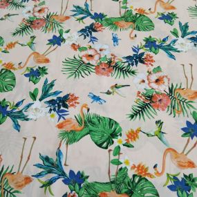 Tecido Viscose Estampada Tropical Flamingos Bege • Conexão Tecidos 2