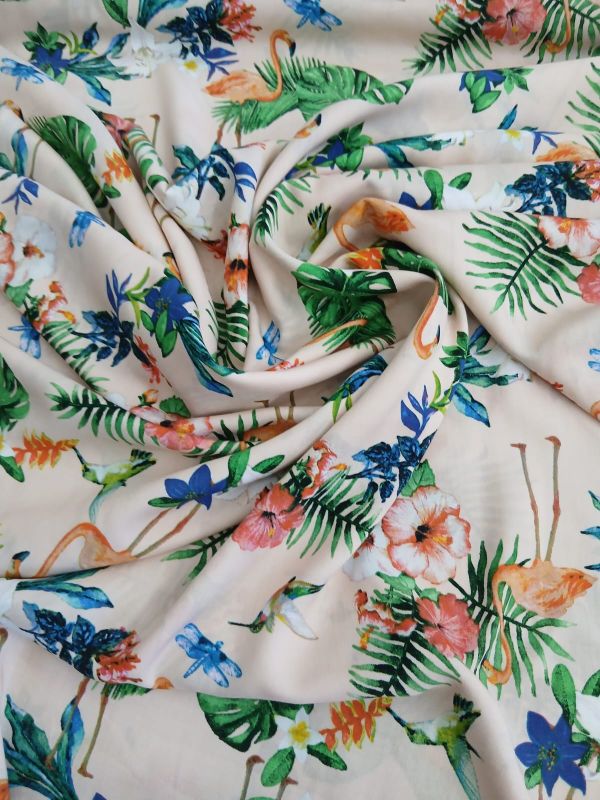 Tecido Viscose Estampada Tropical Flamingos Bege • Conexão Tecidos