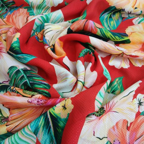 Tecido Viscose Estampada Floral Tropical Vermelho • Conexão Tecidos