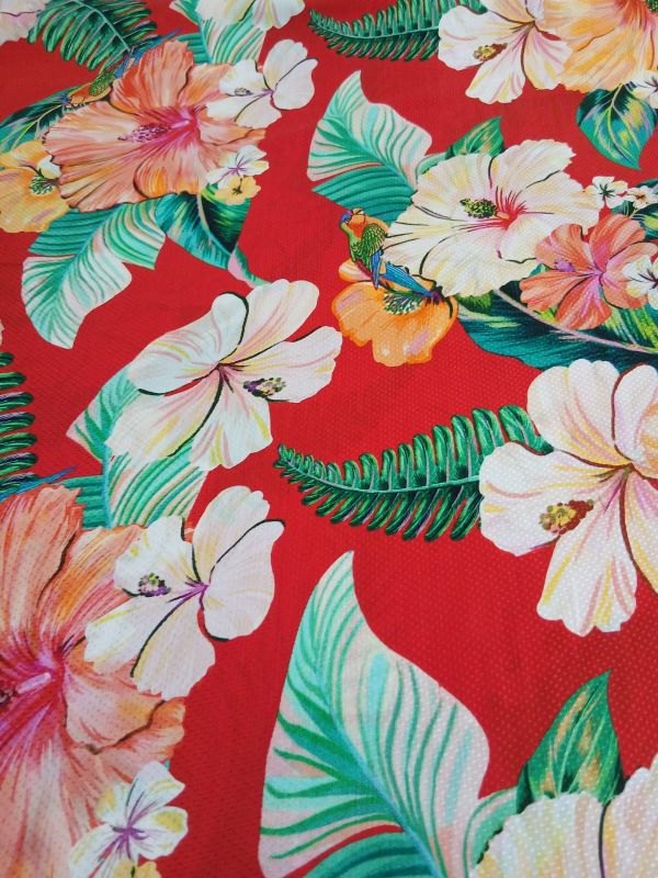 Tecido Viscose Estampada Floral Tropical Vermelho • Conexão Tecidos