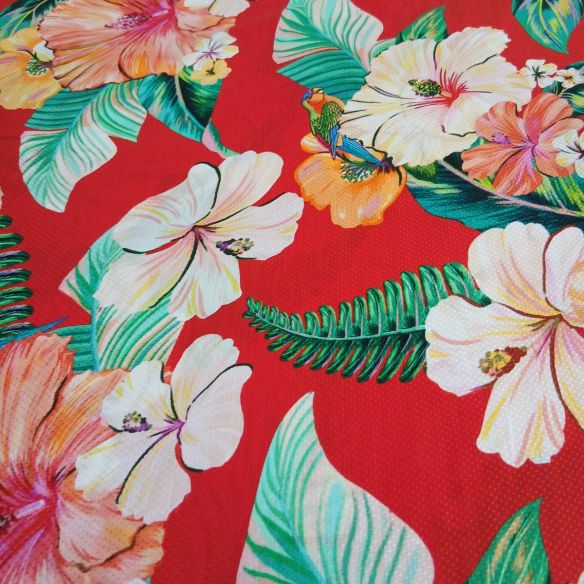 Tecido Viscose Estampada Floral Tropical Vermelho • Conexão Tecidos