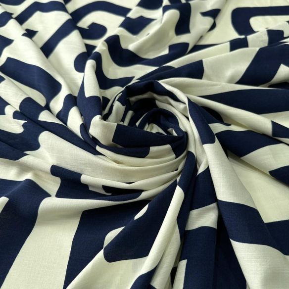 Tecido Viscolinho Estampado Grega Azul Marinho • Conexão Tecidos