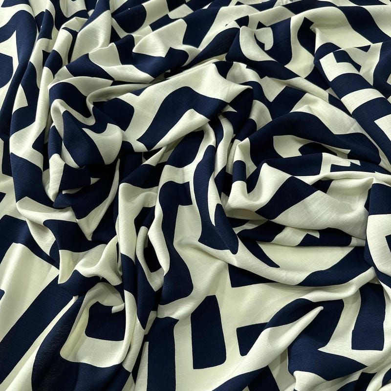 Tecido Viscolinho Estampado Grega Azul Marinho • Conexão Tecidos