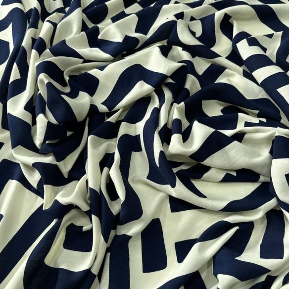 Tecido Viscolinho Estampado Grega Azul Marinho • Conexão Tecidos