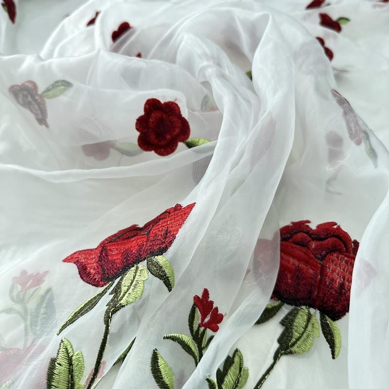 Tecido Organza Bordada Rosas Floral Romantic • Conexão Tecidos