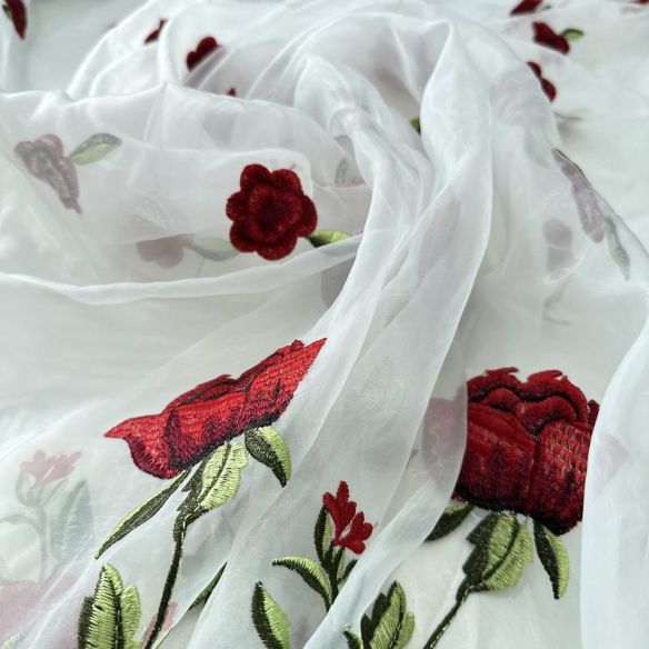 Tecido Organza Bordada Rosas Floral Romantic • Conexão Tecidos