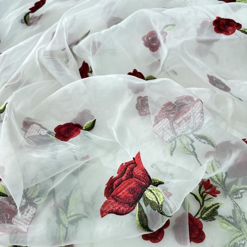 Tecido Organza Bordada Rosas Floral Romantic • Conexão Tecidos