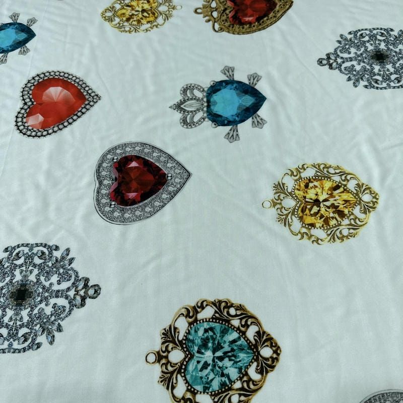 Tecido Viscose Estampada Joias Preciosas Off-White • Conexão Tecidos