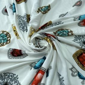 Tecido Viscose Estampada Joias Preciosas Off-White • Conexão Tecidos
