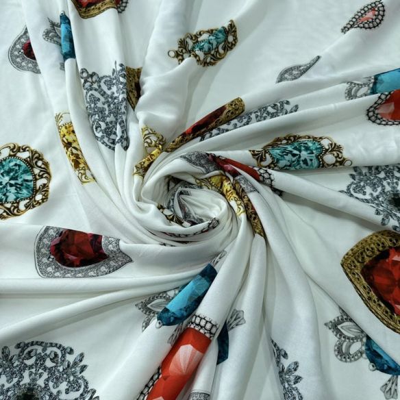 Tecido Viscose Estampada Joias Preciosas Off-White • Conexão Tecidos
