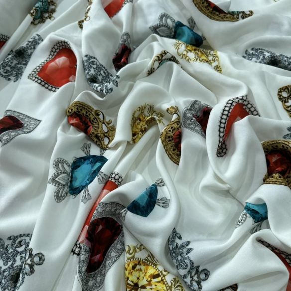 Tecido Viscose Estampada Joias Preciosas Off-White • Conexão Tecidos