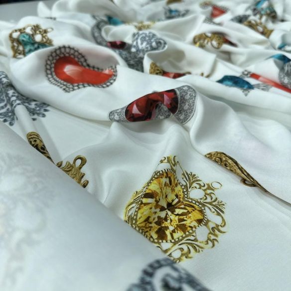 Tecido Viscose Estampada Joias Preciosas Off-White • Conexão Tecidos