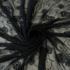 Tecido Musseline De Seda Bordada Floral Indiana Preto • Conexão