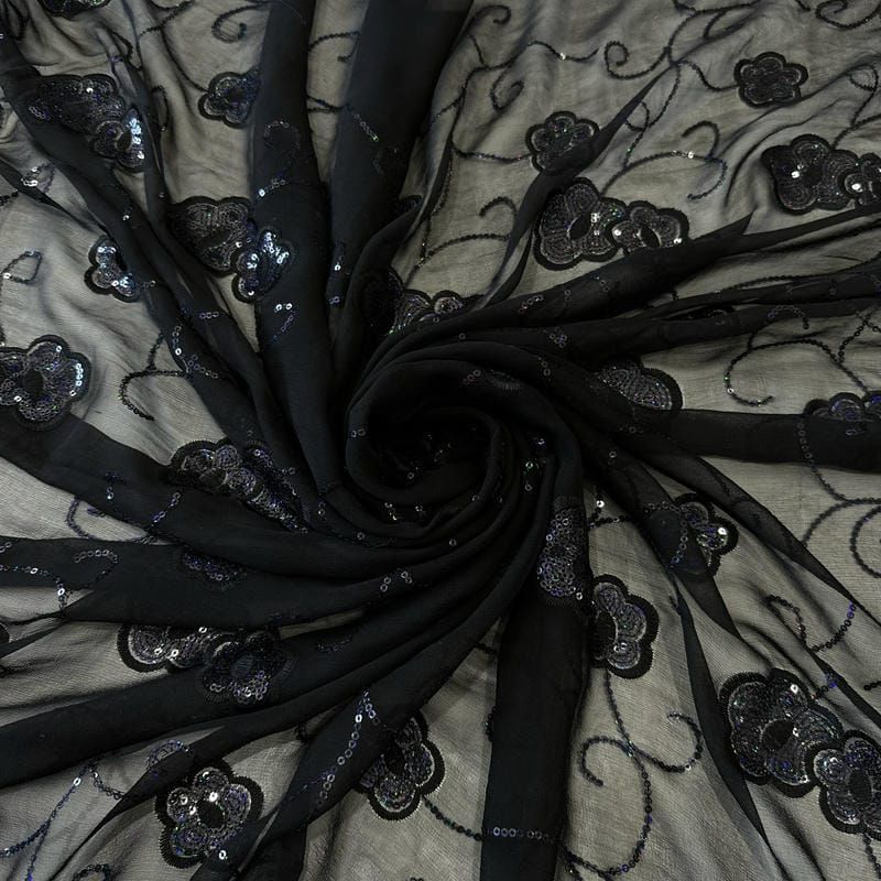 Tecido Musseline De Seda Bordada Floral Indiana Preto • Conexão