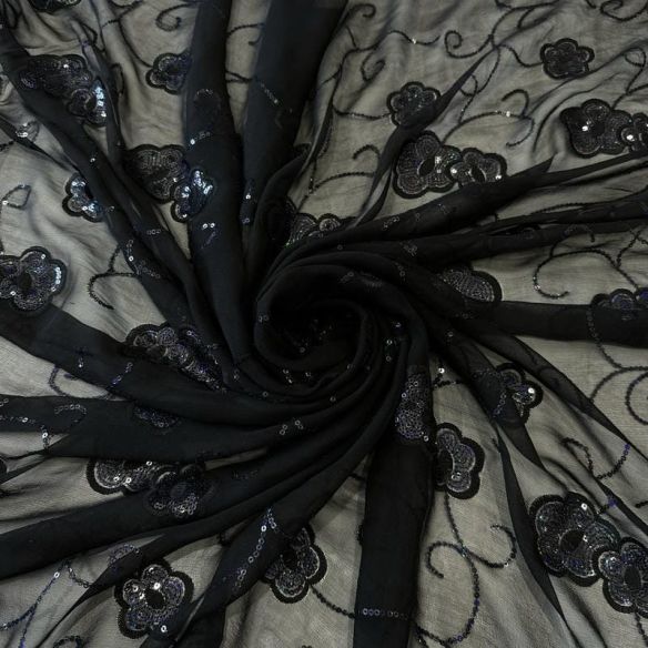 Tecido Musseline De Seda Bordada Floral Indiana Preto • Conexão