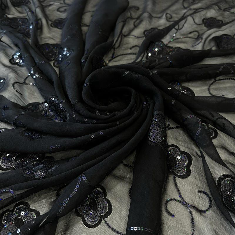 Tecido Musseline De Seda Bordada Floral Indiana Preto • Conexão
