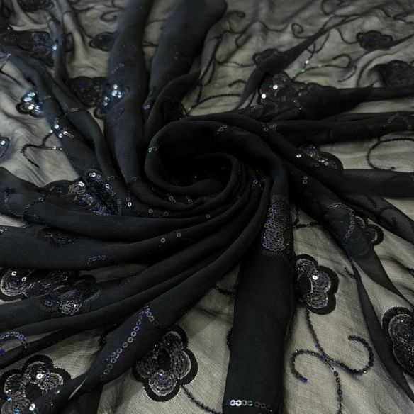 Tecido Musseline De Seda Bordada Floral Indiana Preto • Conexão