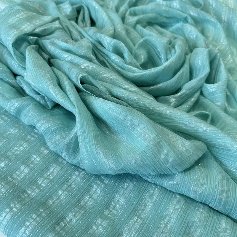 Tecido Chiffon De Seda Listrado Foil Verde Tiffany • Conexão Tecidos