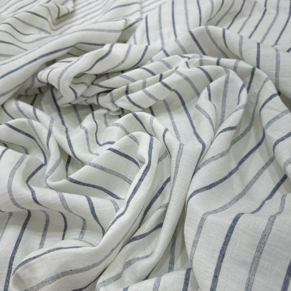 Tecido Linho Puro Listrado Azul Jeans • Conexão Tecidos