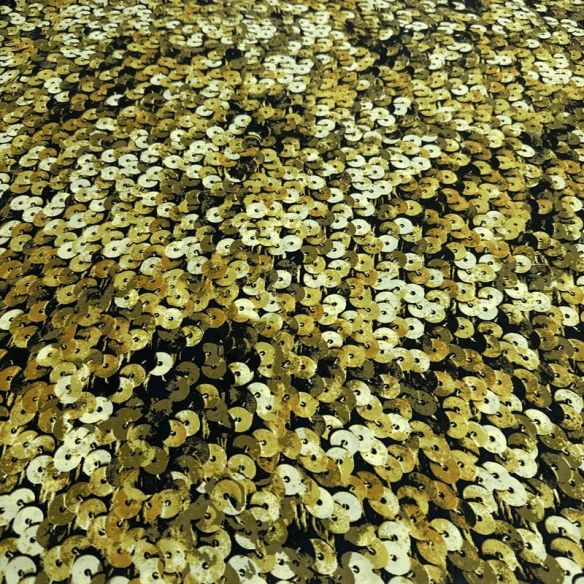 Tecido Cetim de Seda Estampado Paetê 3D Gold • Conexão Tecidos
