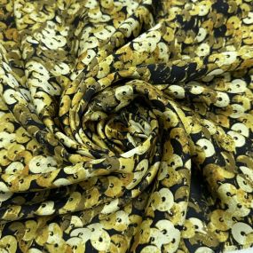 Tecido Cetim de Seda Estampado Paetê 3D Gold • Conexão Tecidos