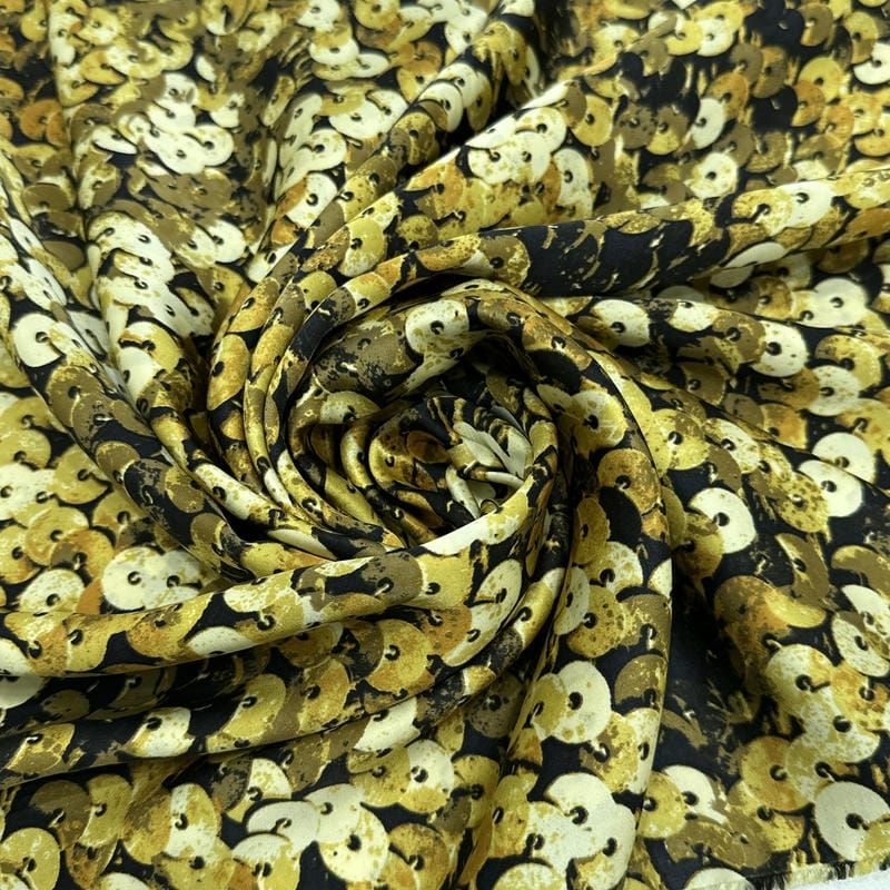 Tecido Cetim de Seda Estampado Paetê 3D Gold • Conexão Tecidos