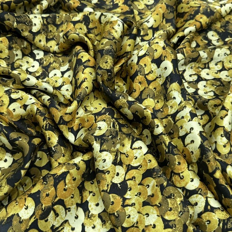 Tecido Cetim de Seda Estampado Paetê 3D Gold • Conexão Tecidos