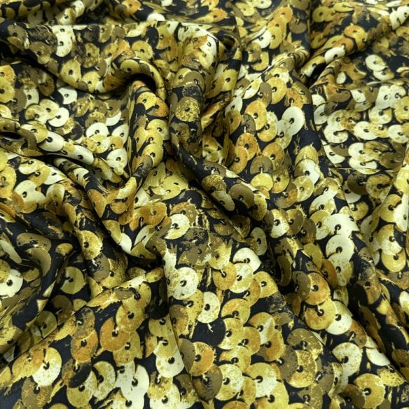 Tecido Cetim de Seda Estampado Paetê 3D Gold • Conexão Tecidos