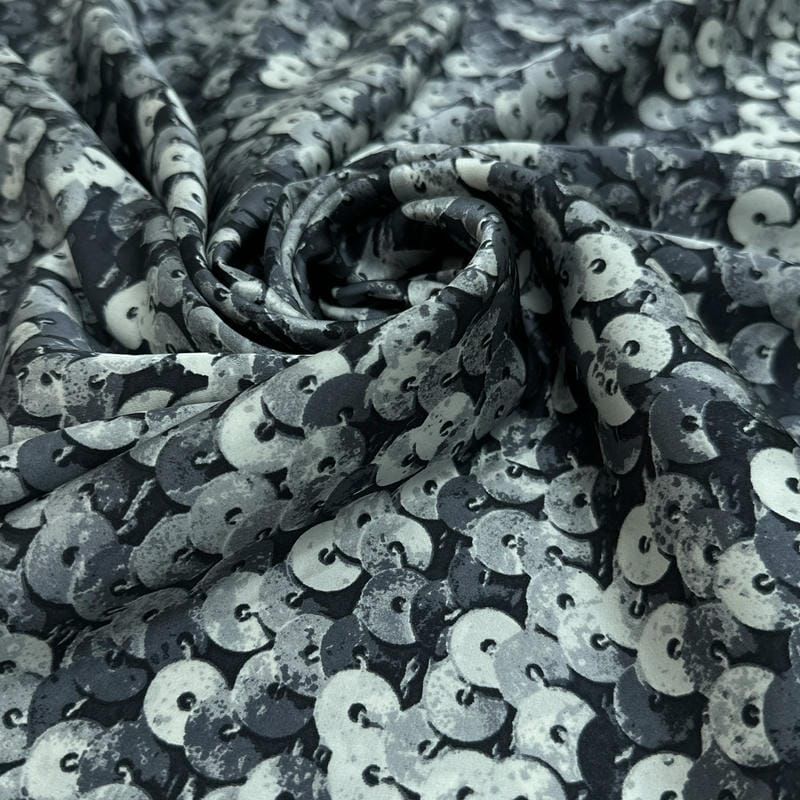 Tecido Cetim de Seda Estampado Paetê 3D Black